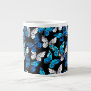 Dark Seamless Pattern with Blue Butterflies Morpho Large Coffee Mug