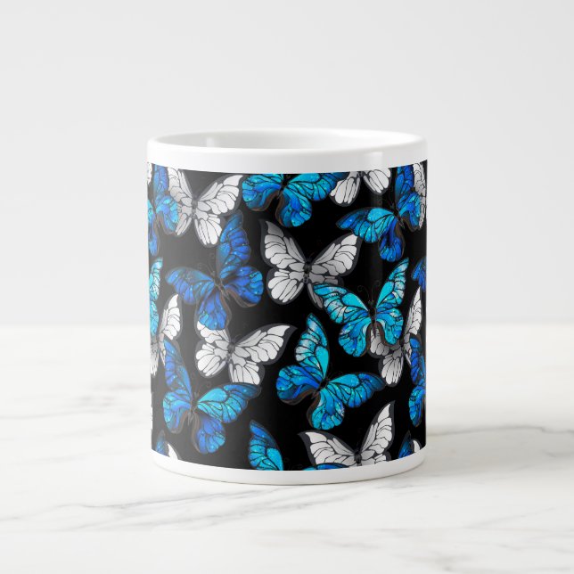 Dark Seamless Pattern with Blue Butterflies Morpho Large Coffee Mug (Front)