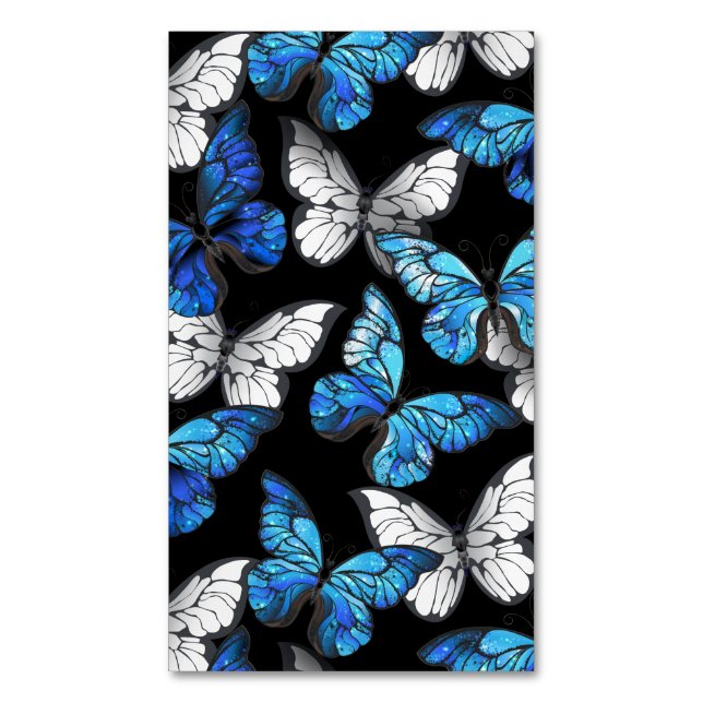 Dark Seamless Pattern with Blue Butterflies Morpho Magnetic Business Card (Front Vertical)