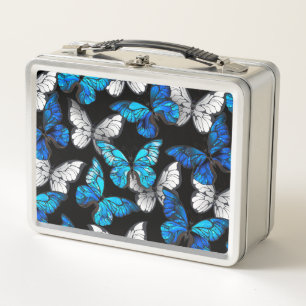 Dark Seamless Pattern with Blue Butterflies Morpho Metal Lunch Box