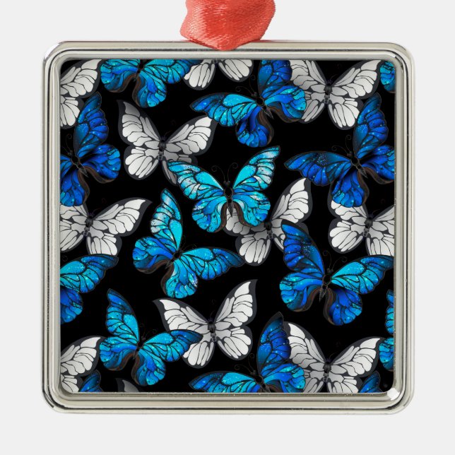 Dark Seamless Pattern with Blue Butterflies Morpho Metal Tree Decoration (Front)