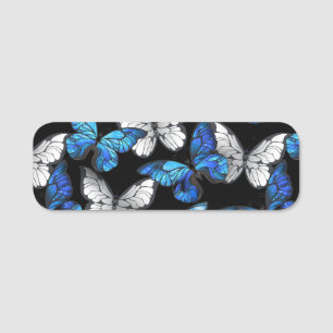 Dark Seamless Pattern with Blue Butterflies Morpho Name Tag