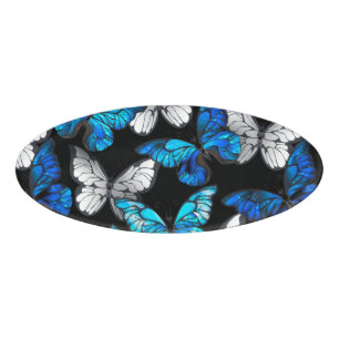 Dark Seamless Pattern with Blue Butterflies Morpho Name Tag