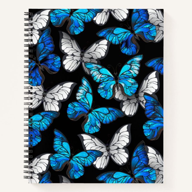 Dark Seamless Pattern with Blue Butterflies Morpho Notebook (Front)