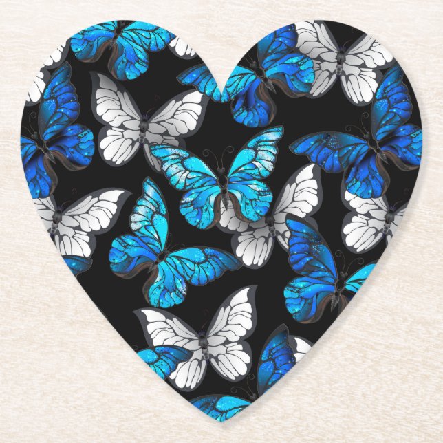 Dark Seamless Pattern with Blue Butterflies Morpho Paper Coaster (Front)