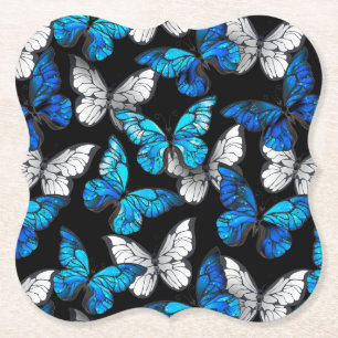 Dark Seamless Pattern with Blue Butterflies Morpho Paper Coaster
