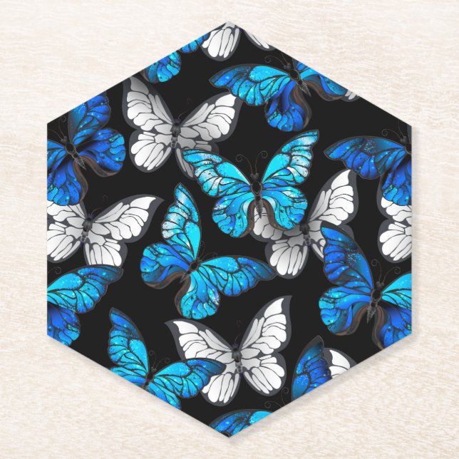 Dark Seamless Pattern with Blue Butterflies Morpho Paper Coaster (Front)