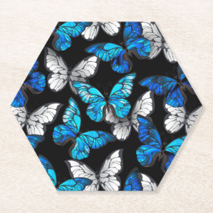 Dark Seamless Pattern with Blue Butterflies Morpho Paper Coaster