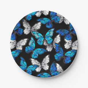 Dark Seamless Pattern with Blue Butterflies Morpho Paper Plate