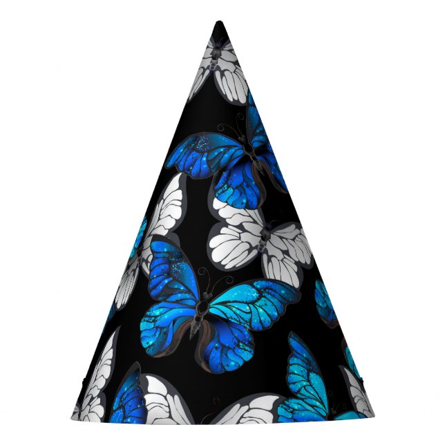 Dark Seamless Pattern with Blue Butterflies Morpho Party Hat (Front)