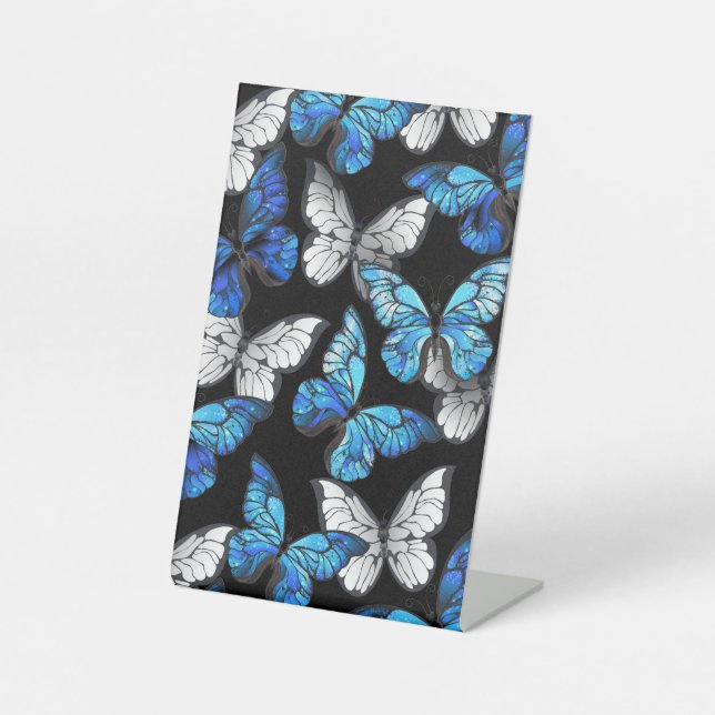 Dark Seamless Pattern with Blue Butterflies Morpho Pedestal Sign (Front)
