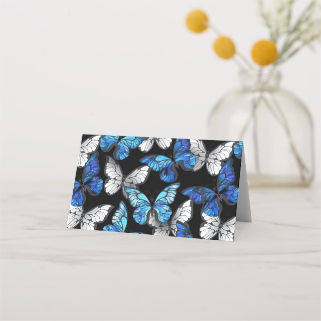 Dark Seamless Pattern with Blue Butterflies Morpho Place Card (Front)