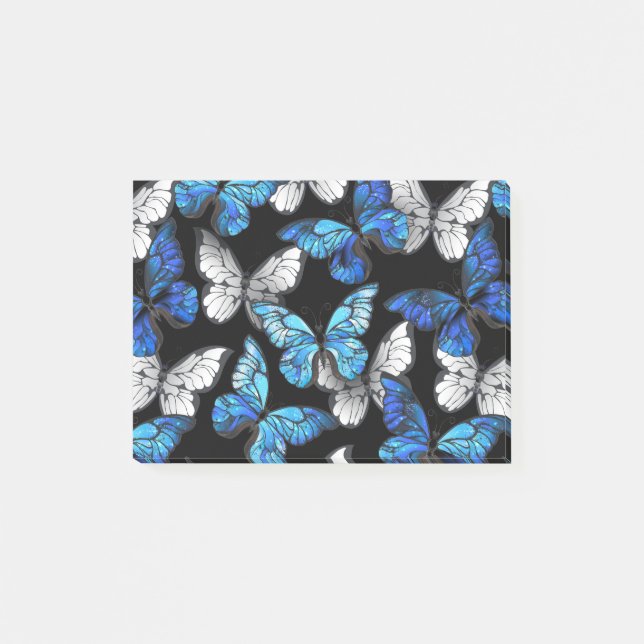 Dark Seamless Pattern with Blue Butterflies Morpho Post-it Notes (Front)
