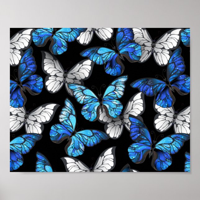 Dark Seamless Pattern with Blue Butterflies Morpho Poster (Front)