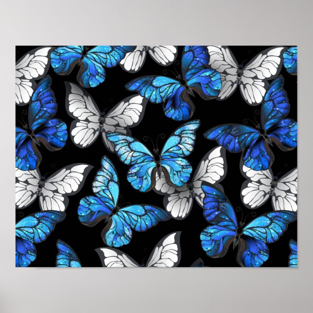 Dark Seamless Pattern with Blue Butterflies Morpho Poster (Front)