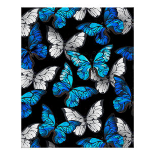 Dark Seamless Pattern with Blue Butterflies Morpho Poster