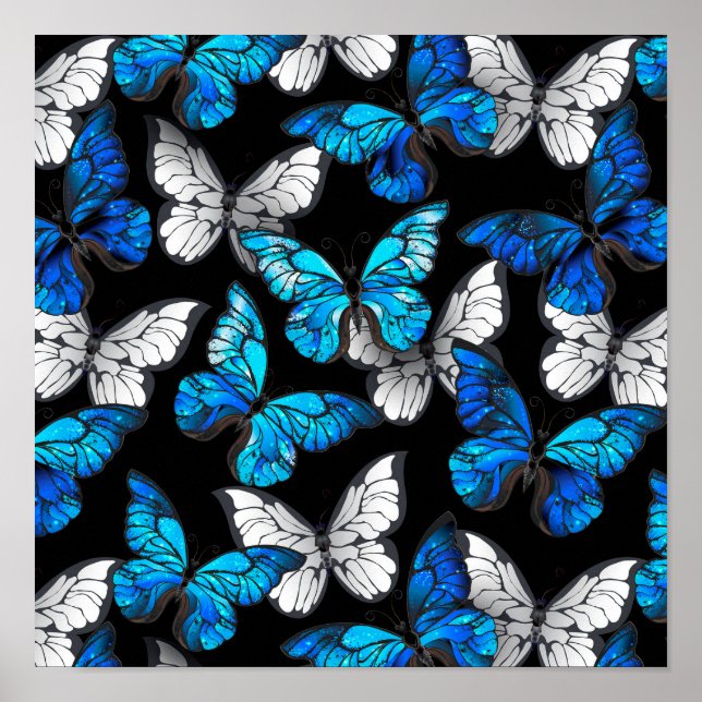Dark Seamless Pattern with Blue Butterflies Morpho Poster (Front)