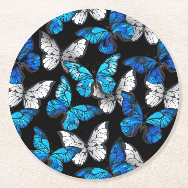 Dark Seamless Pattern with Blue Butterflies Morpho Round Paper Coaster (Front)