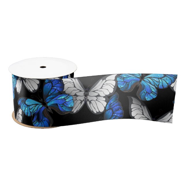 Dark Seamless Pattern with Blue Butterflies Morpho Satin Ribbon (Spool)