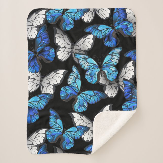 Dark Seamless Pattern with Blue Butterflies Morpho Sherpa Blanket (Front)