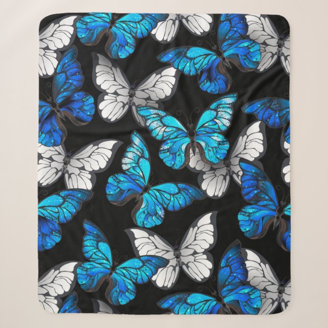 Dark Seamless Pattern with Blue Butterflies Morpho Sherpa Blanket (Front)