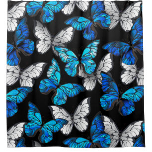 Dark Seamless Pattern with Blue Butterflies Morpho Shower Curtain