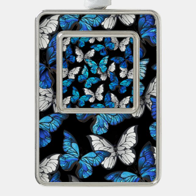 Dark Seamless Pattern with Blue Butterflies Morpho Silver Plated Framed Ornament (Front)