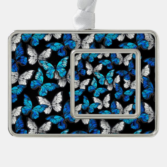 Dark Seamless Pattern with Blue Butterflies Morpho Silver Plated Framed Ornament (Front)