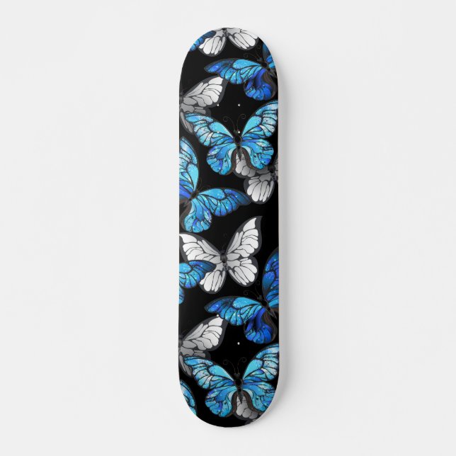 Dark Seamless Pattern with Blue Butterflies Morpho Skateboard (Front)