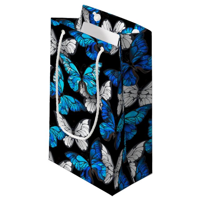 Dark Seamless Pattern with Blue Butterflies Morpho Small Gift Bag (Front Angled)