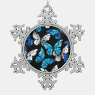 Dark Seamless Pattern with Blue Butterflies Morpho Snowflake Pewter Christmas Ornament