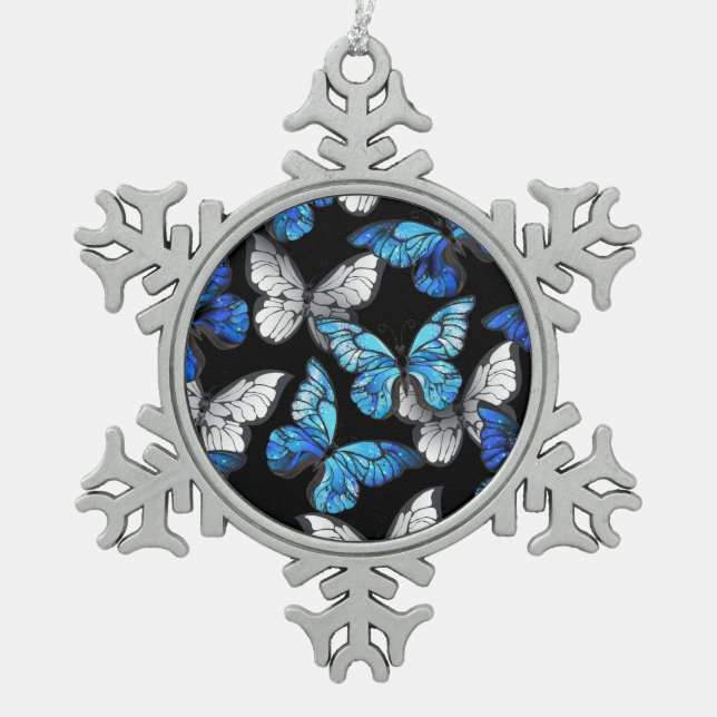 Dark Seamless Pattern with Blue Butterflies Morpho Snowflake Pewter Christmas Ornament (Front)