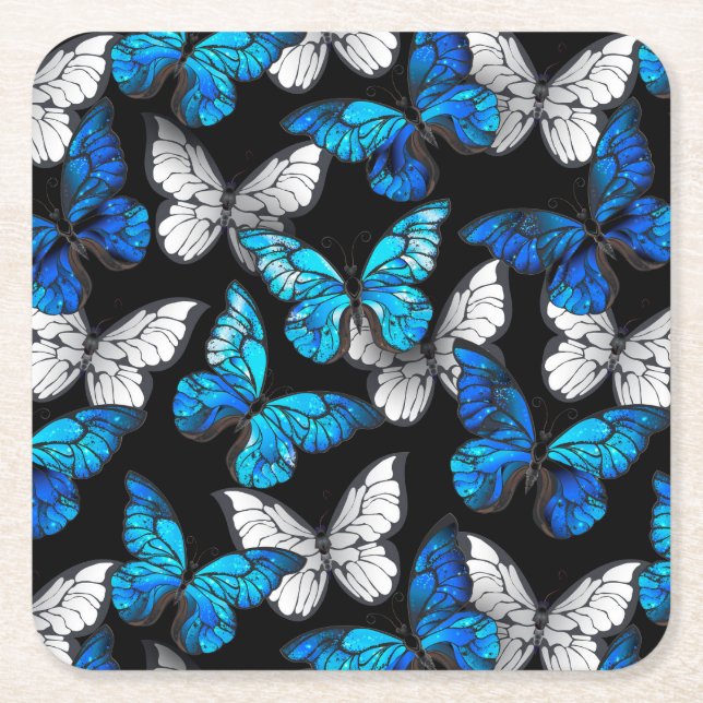 Dark Seamless Pattern with Blue Butterflies Morpho Square Paper Coaster (Front)