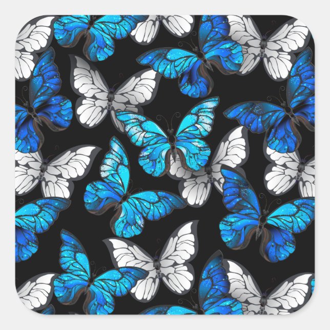 Dark Seamless Pattern with Blue Butterflies Morpho Square Sticker (Front)