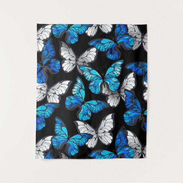Dark Seamless Pattern with Blue Butterflies Morpho Tapestry (Front)