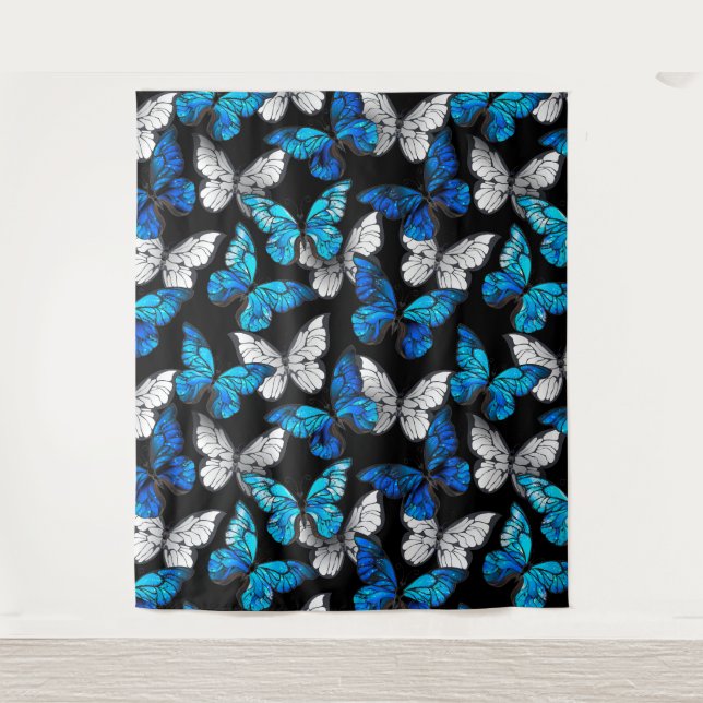 Dark Seamless Pattern with Blue Butterflies Morpho Tapestry (Front)