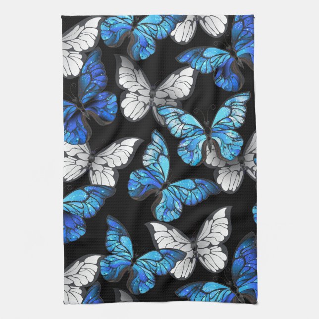 Dark Seamless Pattern with Blue Butterflies Morpho Tea Towel (Vertical)