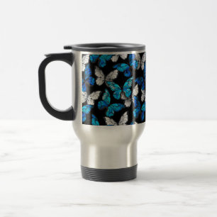 Dark Seamless Pattern with Blue Butterflies Morpho Travel Mug