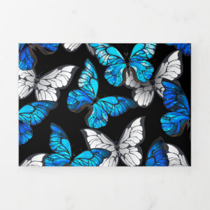 Dark Seamless Pattern with Blue Butterflies Morpho Tri-Fold Holiday Card