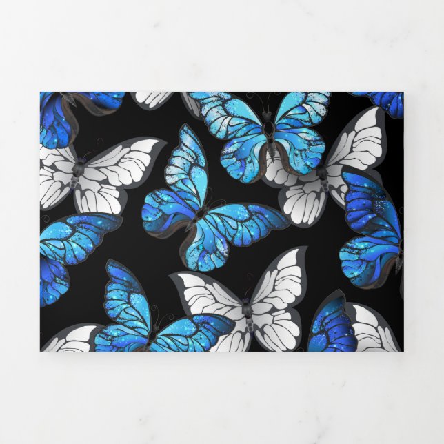 Dark Seamless Pattern with Blue Butterflies Morpho Tri-Fold Invitation (Cover)