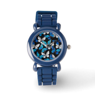 Dark Seamless Pattern with Blue Butterflies Morpho Watch