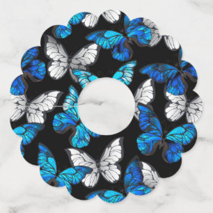 Dark Seamless Pattern with Blue Butterflies Morpho Wine Glass Tag