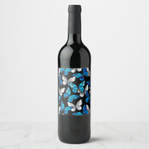 Dark Seamless Pattern with Blue Butterflies Morpho Wine Label
