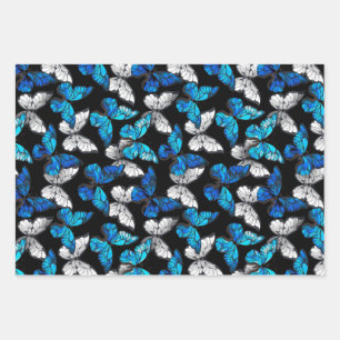 Dark Seamless Pattern with Blue Butterflies Morpho Wrapping Paper Sheet