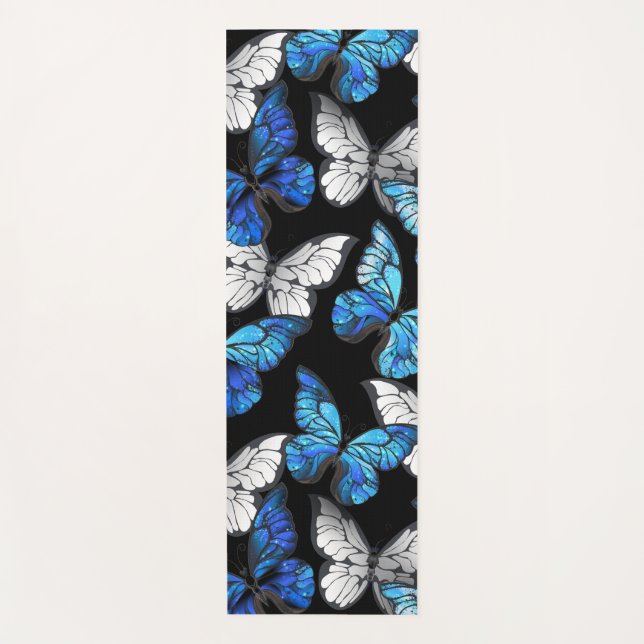 Dark Seamless Pattern with Blue Butterflies Morpho Yoga Mat (Front)