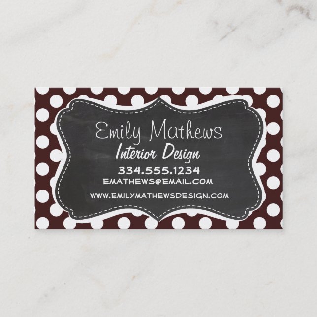 Dark Sienna Polka Dots; Retro Chalkboard Business Card (Front)