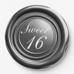 Dark Silver Candle Wax Seal Drip Sweet 16 Wedding Paper Plate