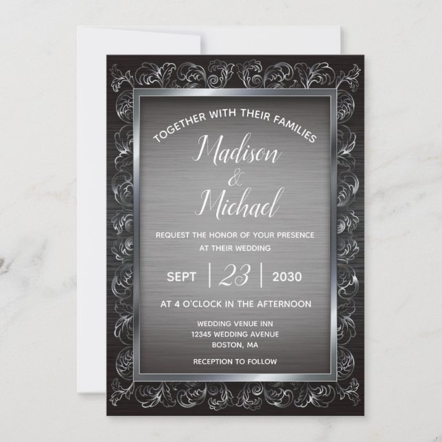 Dark Silver Grunge Metal Wedding Invitation (Front)
