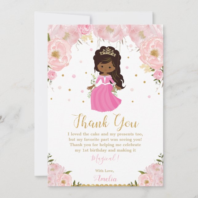 Dark Skin African Princess Birthday Pink Floral Thank You Card (Front)