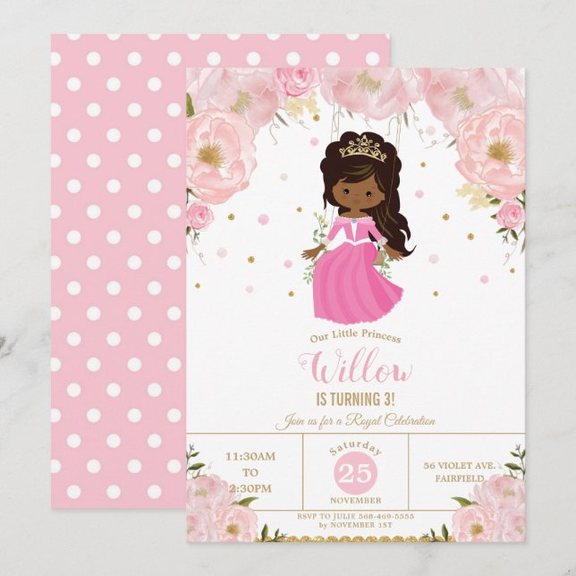 Dark Skin African Princess Pink Floral Birthday Invitation (Front/Back)